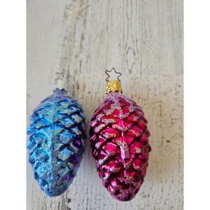 Inge glas acorn pinecone glitter blue red ornament Xmas tree Germany